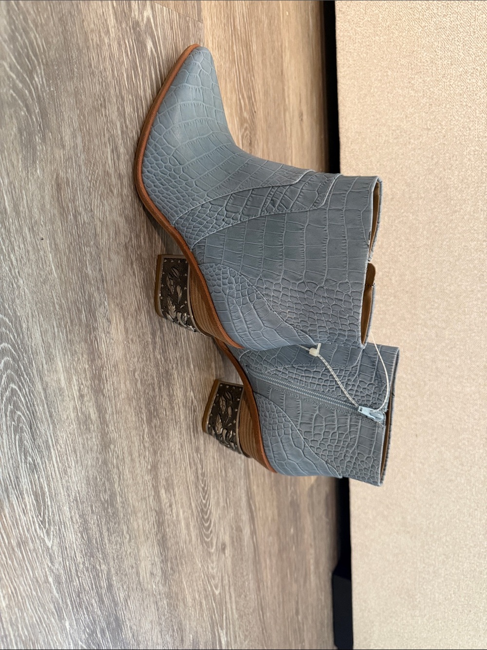 Gianni Bini Gray Croc-Embossed Ankle Booties with Decorative Block Heel - Picture 4 of 10